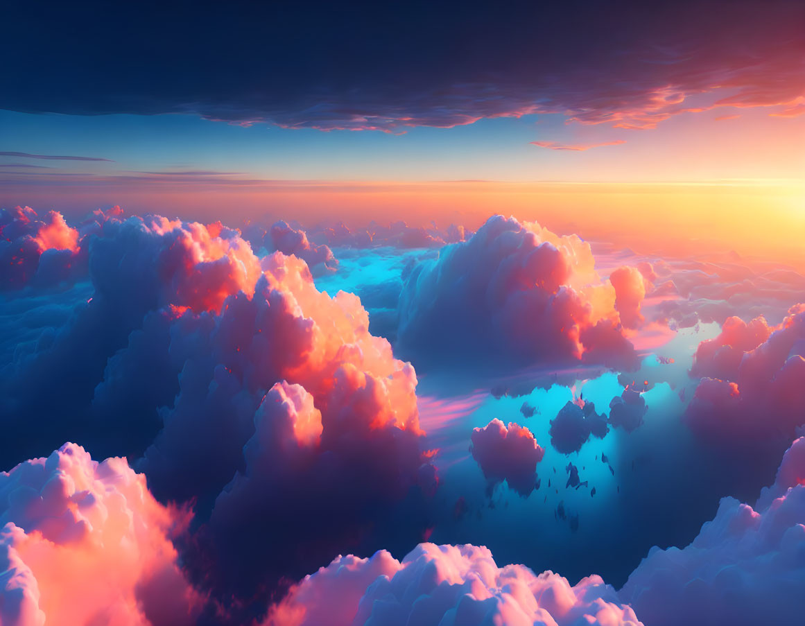 Colorful sunrise or sunset cloudscape with fluffy clouds in pink and orange hues under a serene blue sky