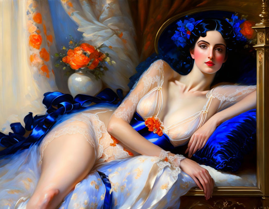 Woman reclining with blue flowers in hair and white dress among orange blossoms