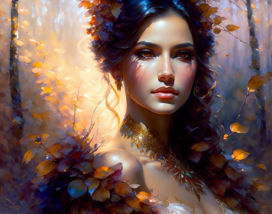 Ethereal woman with autumn leaves in hair in golden dreamy light