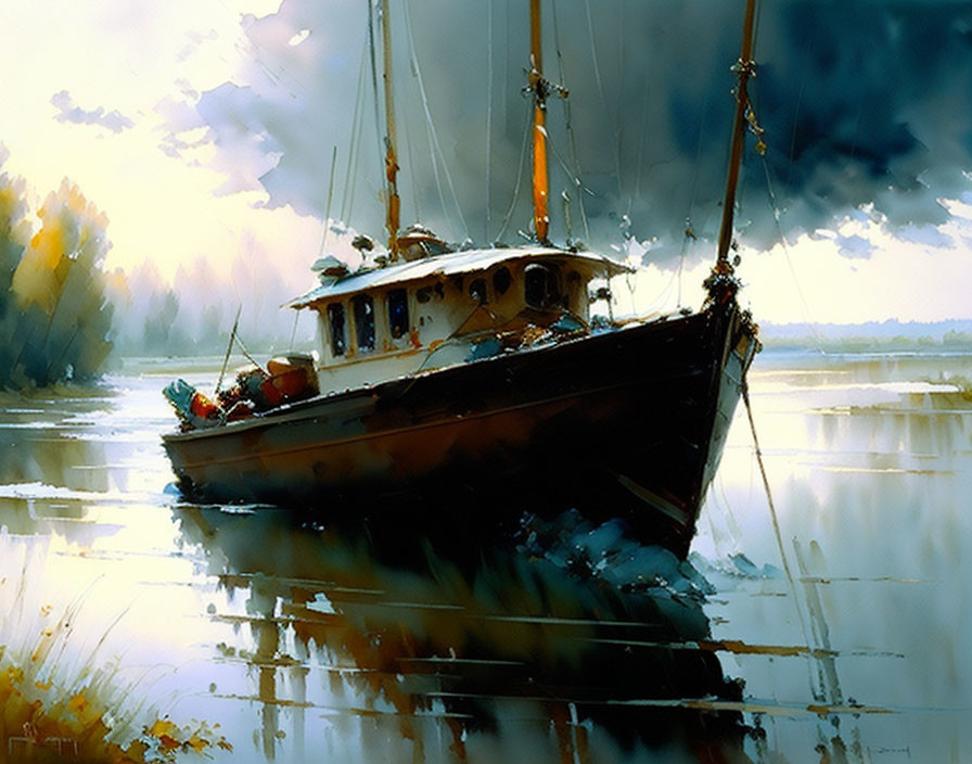 Vintage boat painting: serene scene with dramatic sky and calm waters