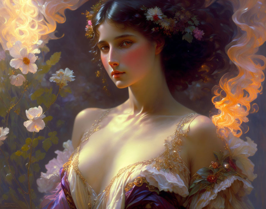 Portrait of woman with fiery hair and purple dress among white blooms