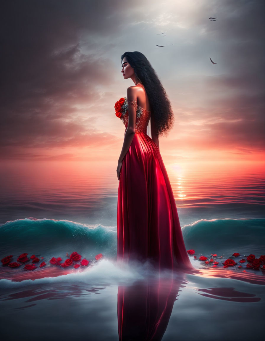 Woman in red dress on water with floating roses under surreal sunset sky