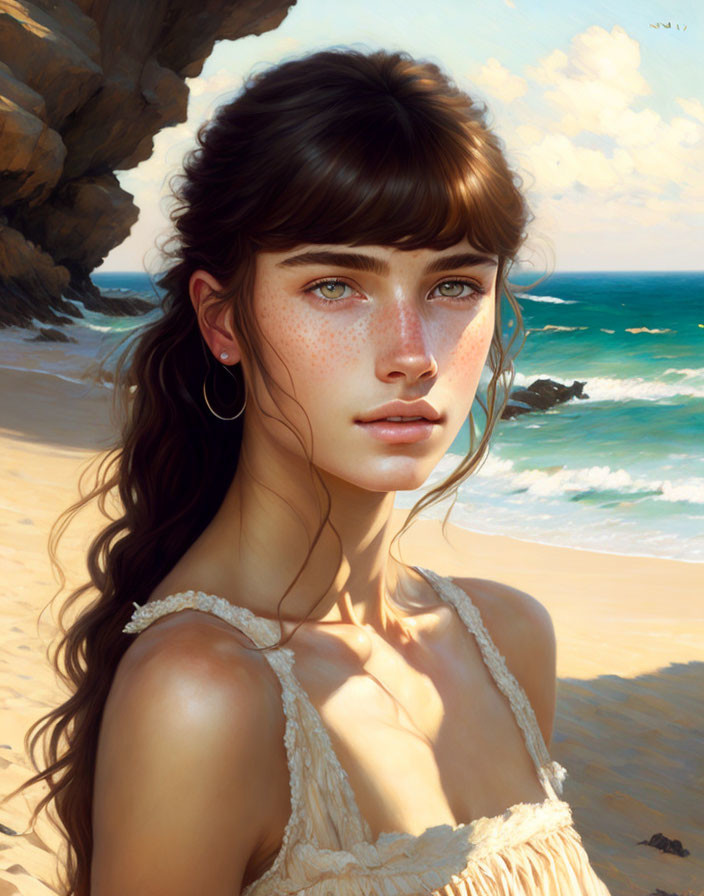 Portrait of young woman with brown hair, blue eyes, freckles, on beach backdrop