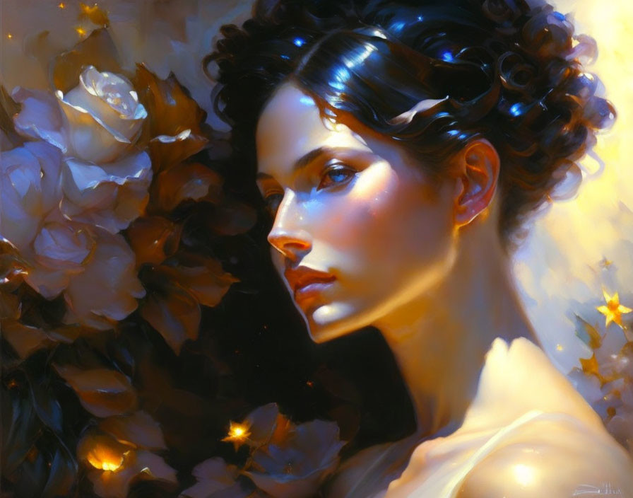 Ethereal woman portrait with white flowers in serene ambiance