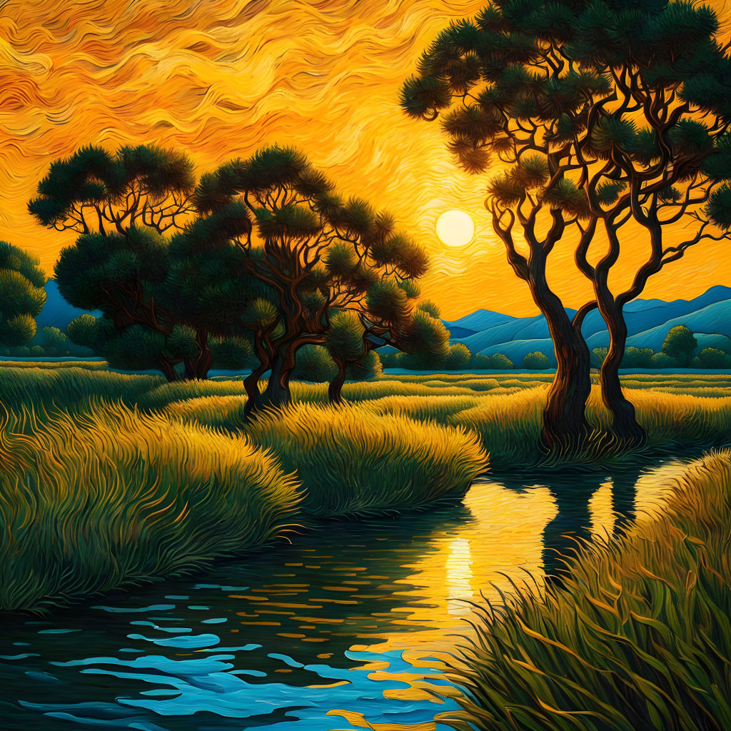 Vibrant landscape painting with swirling golden sky and stylized trees at sunset