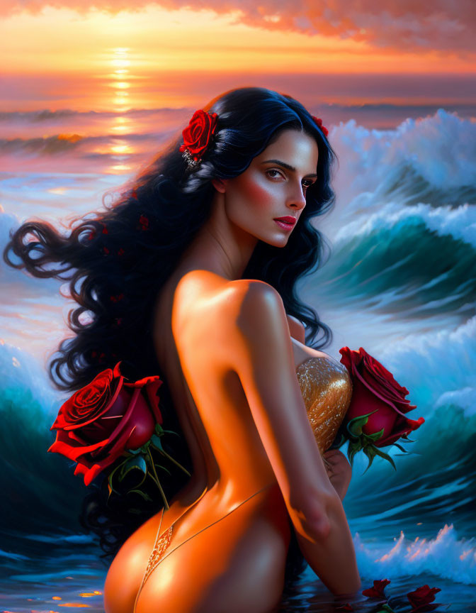 Dark-haired woman with red flowers, holding a rose by the ocean at sunset