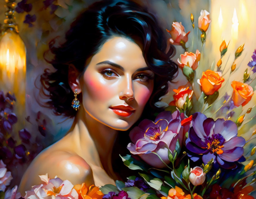 Portrait of Woman with Dark Hair Among Colorful Flowers and Candlelight