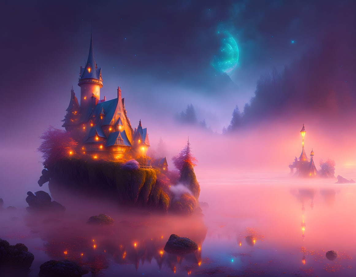 Mystical castle on island in foggy waters under starry sky