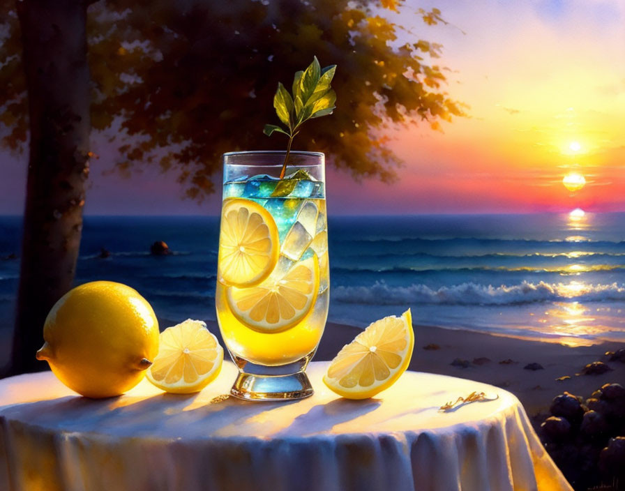 Refreshing Lemonade with Lemon Slices and Mint on Beachside Table at Sunset