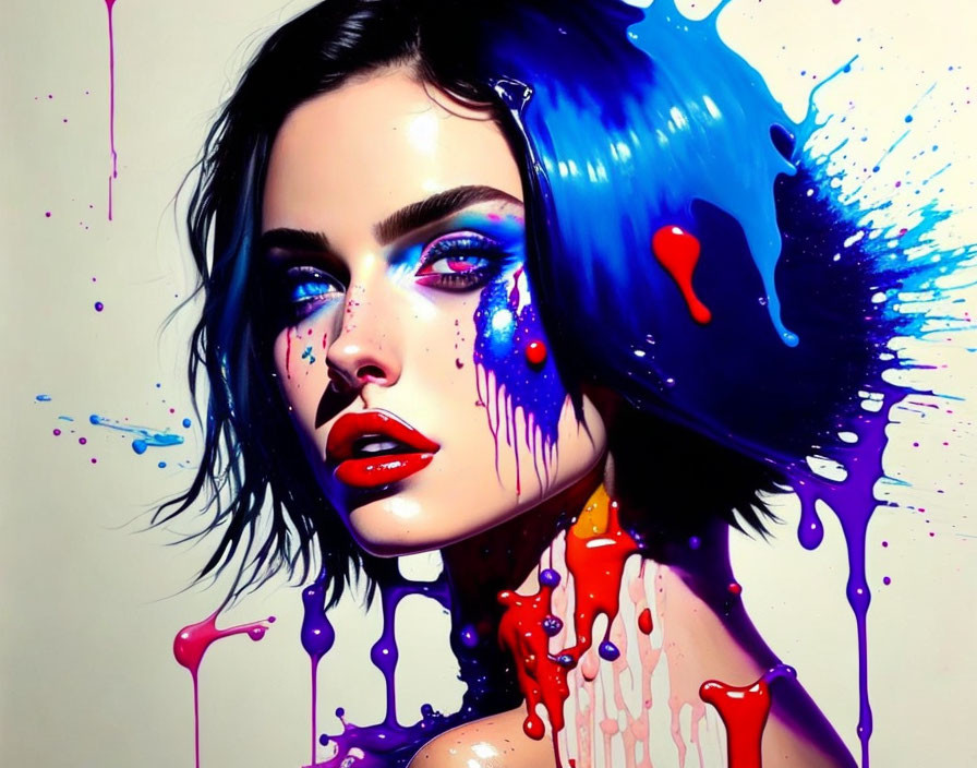 Colorful portrait of a woman with splattered paint effects and luminous eyes.