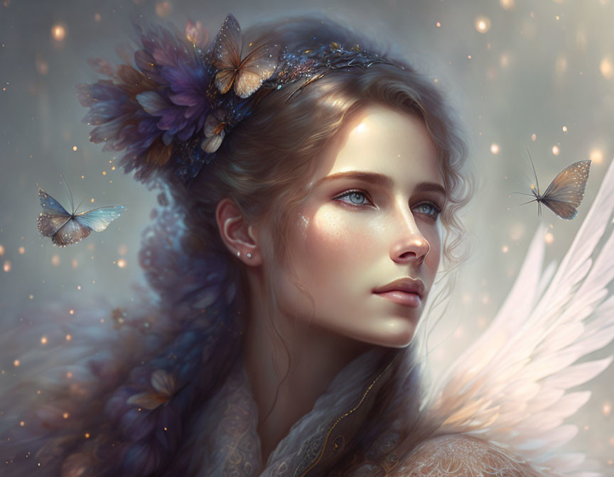 Fantasy portrait of woman with ethereal wings and floral headpiece