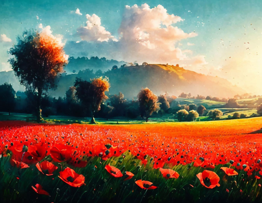 Scenic landscape with red poppies and green trees under sunny sky