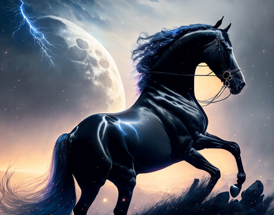 Majestic black horse with glowing blue markings galloping under dramatic night sky