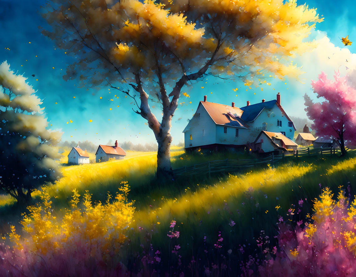 Vibrant landscape painting: golden tree, blooming flowers, quaint houses.