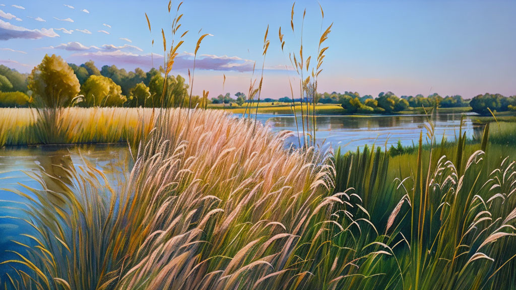 Tranquil riverside landscape with tall grasses and tree-lined horizon