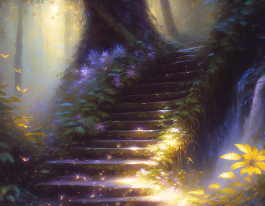 Enchanted forest scene with moss-covered staircase, sunlight, sparkles, butterflies, and waterfall.