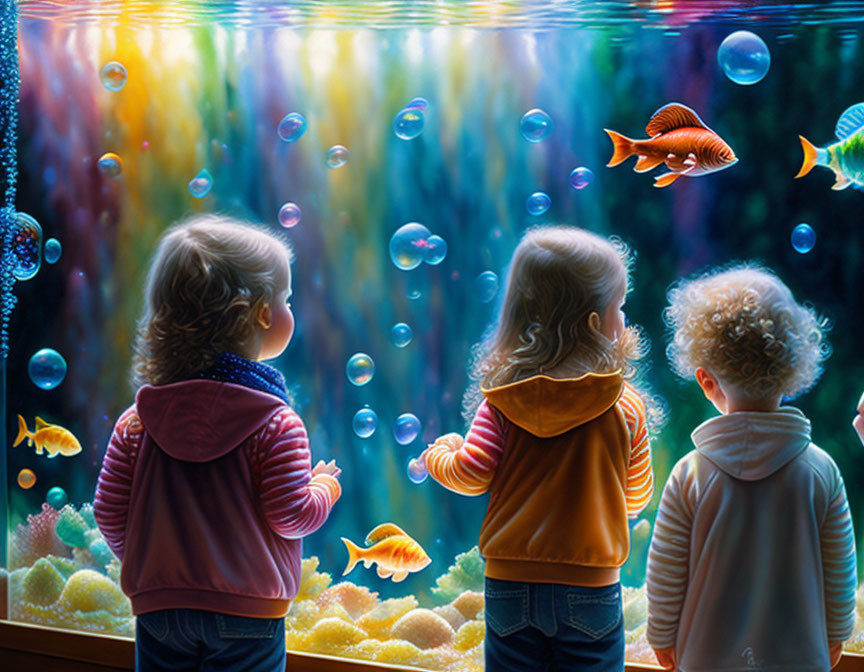 Children admiring tropical fish and corals in aquarium.