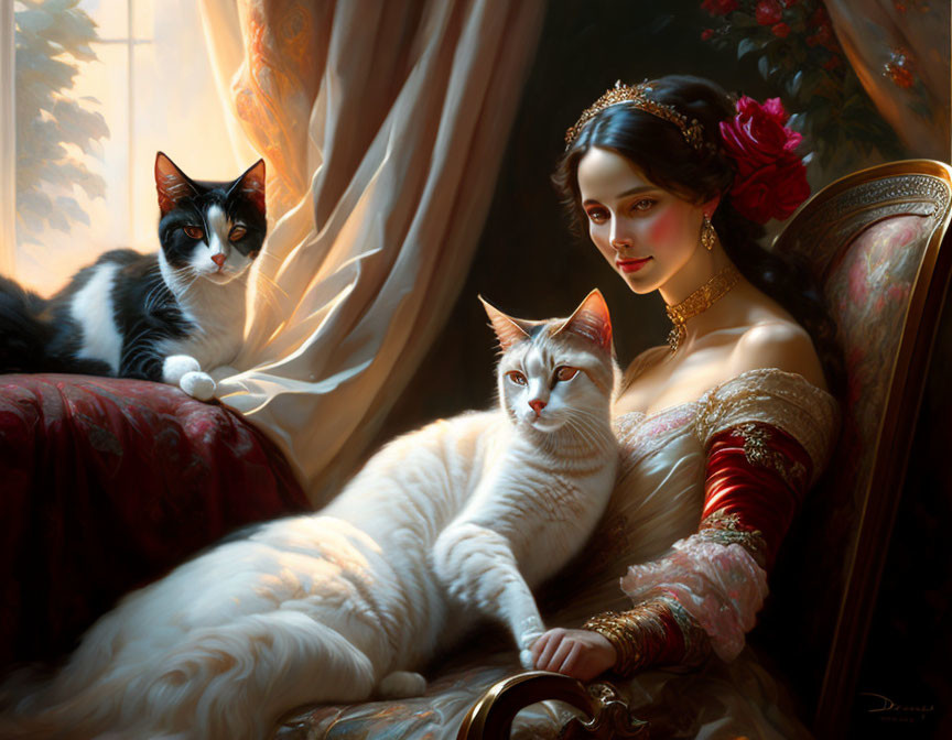 Vintage gown woman with two cats in luxurious room