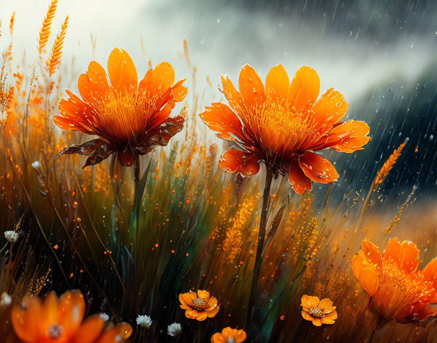 Raindrop-covered orange flowers against blurred stormy backdrop: a serene nature scene.