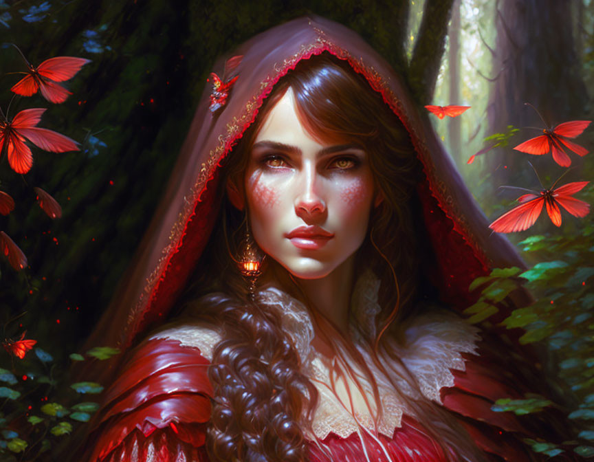 Woman in Red Hood and Cape Surrounded by Red Butterflies in Sunlit Forest