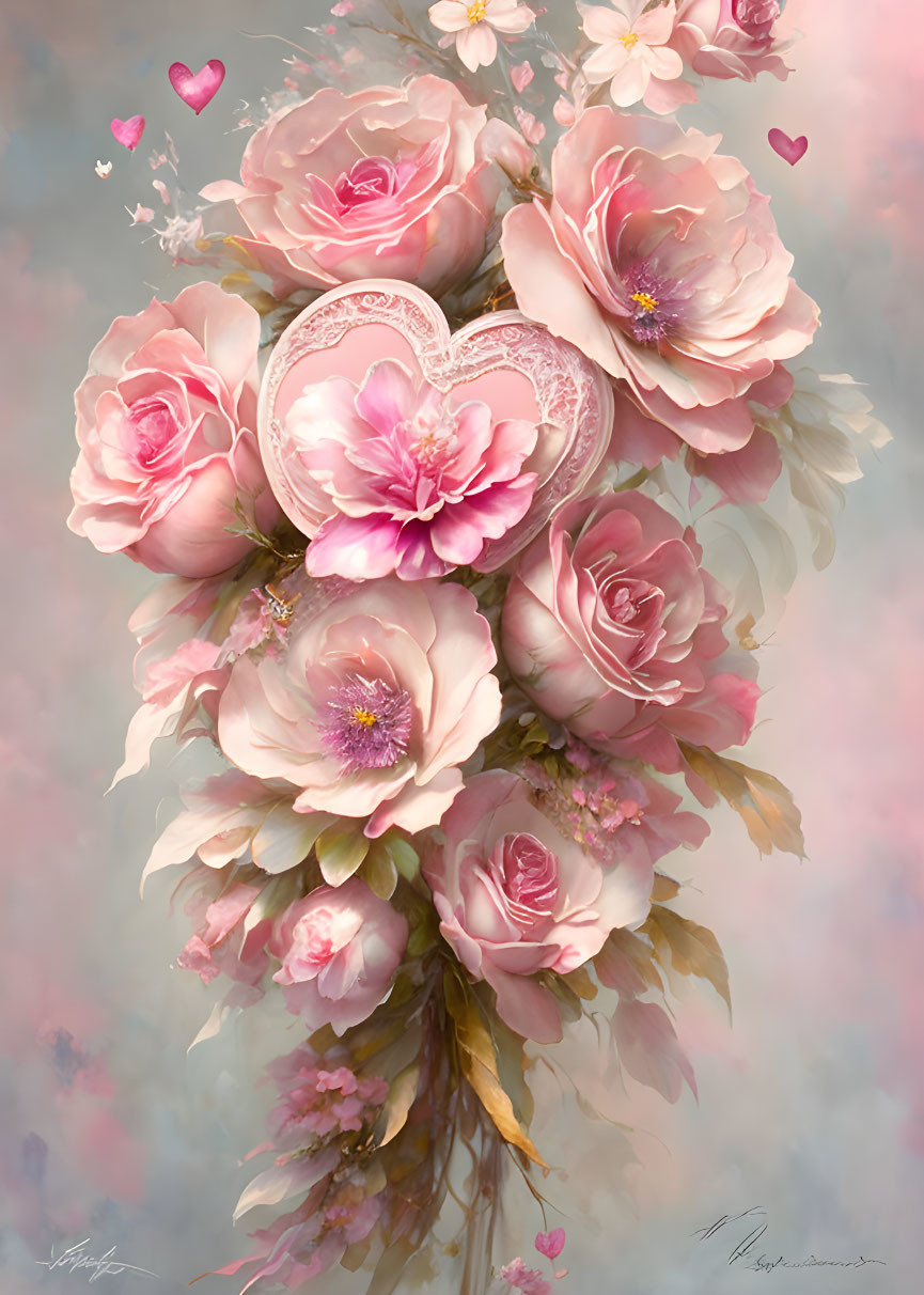 Soft Pink Roses Bouquet Around Heart with Floating Hearts in Dreamy Pastel Background