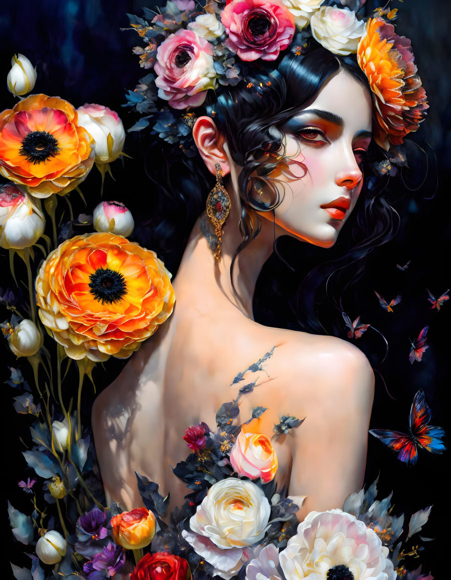 Woman portrait with colorful flowers and butterflies for a romantic, mystical vibe