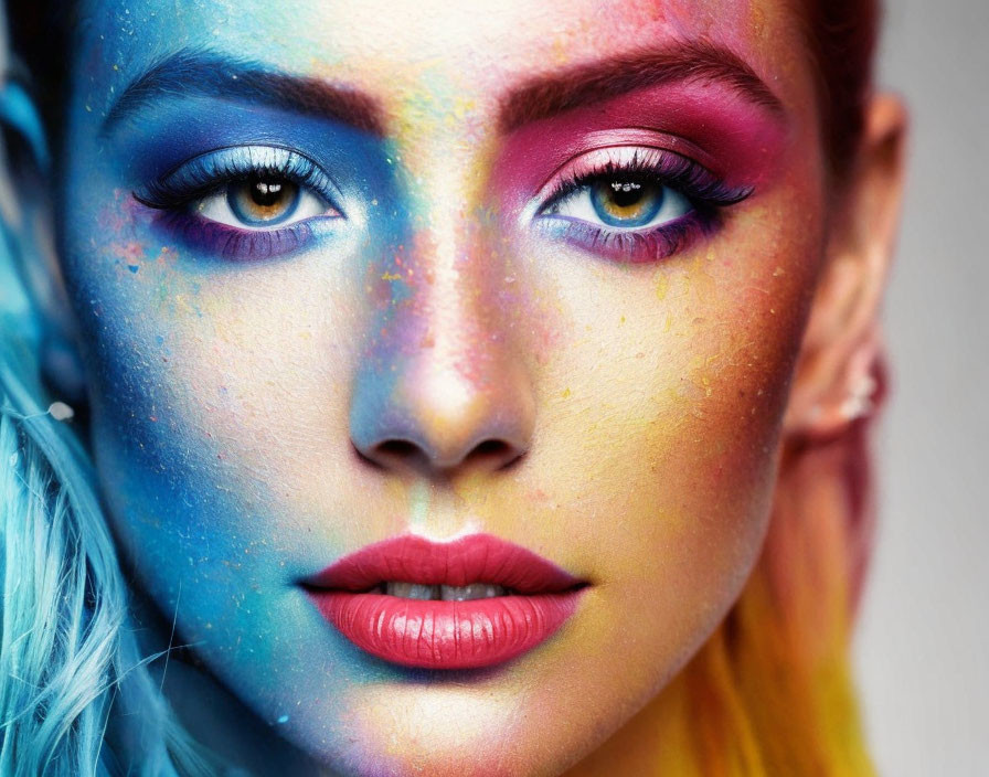 Vibrant blue and pink makeup on woman's face.