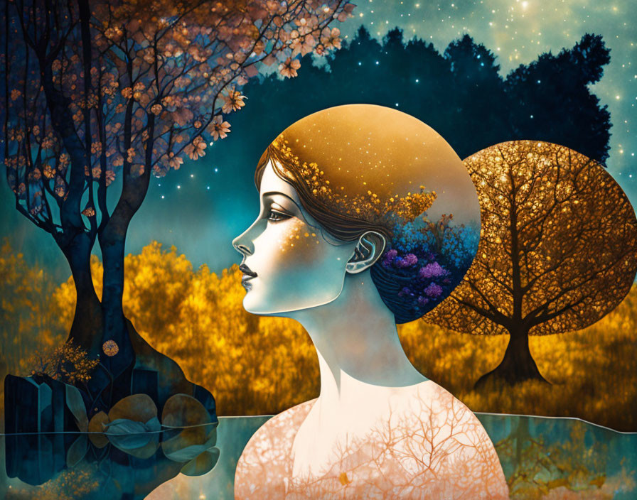 Illustrated woman blending with trees and starry sky in serene profile.