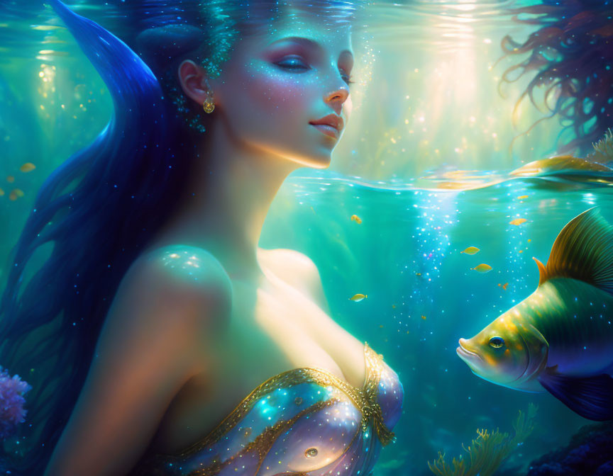 Mermaid with Blue Hair Submerged Underwater