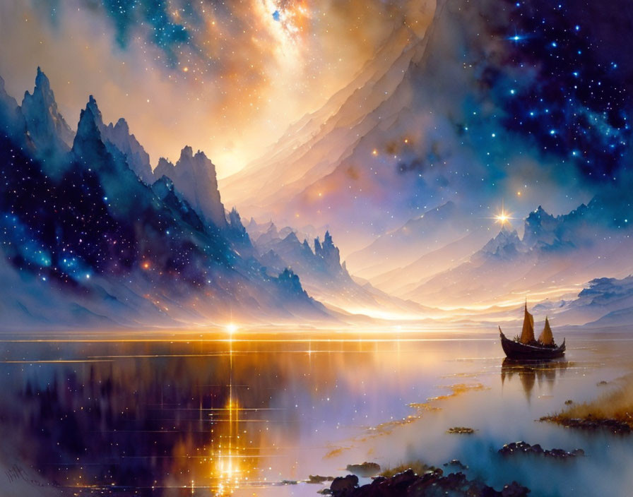 Fantasy landscape with stars, lake, mountains, ship, and celestial sky