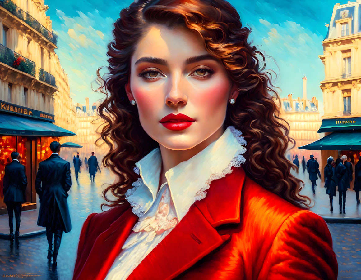 Stylized digital painting of woman with wavy brown hair in red coat