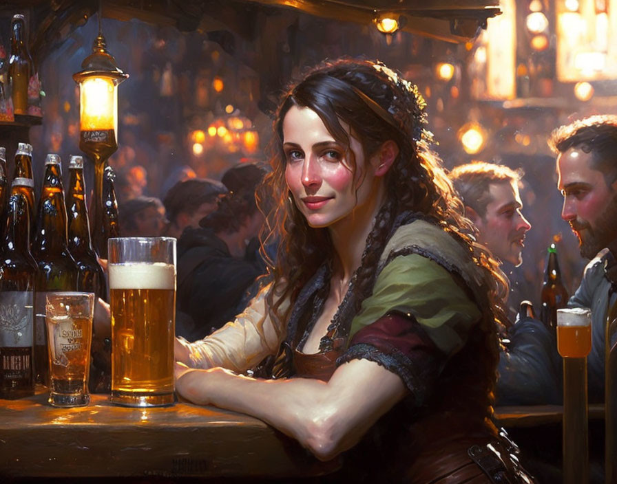 Smiling woman in medieval tavern with patrons and beer pint