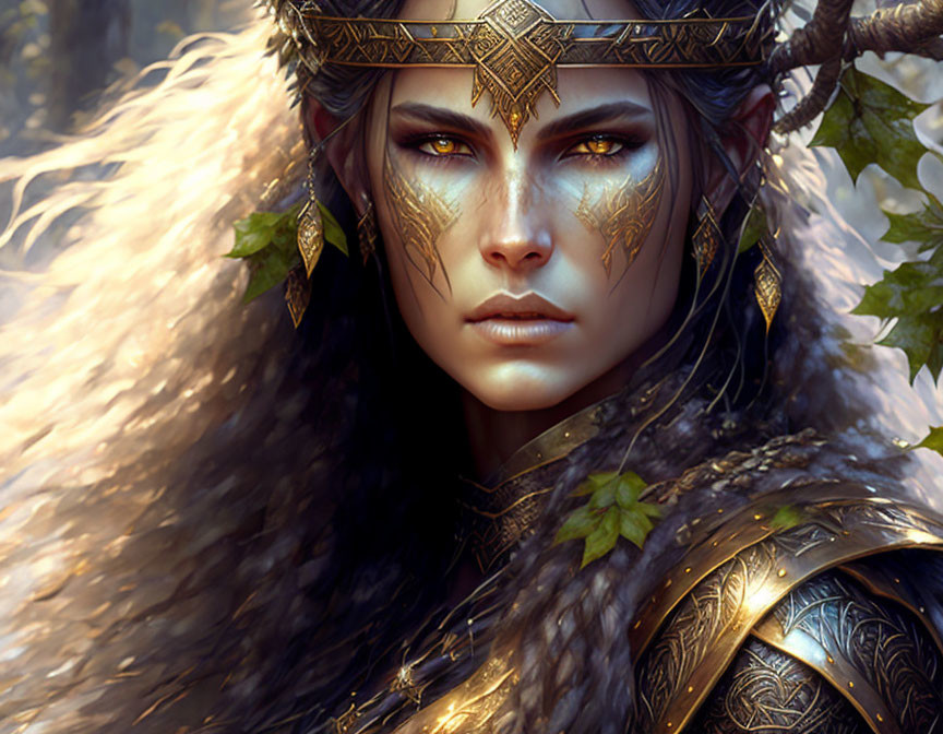 Regal elf with golden tattoos in sunlit forest