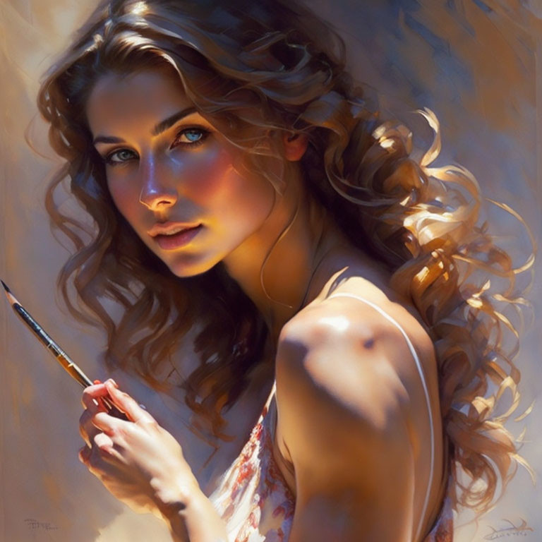 Portrait of Woman with Curly Hair Holding Paintbrush in Soft Sunlight