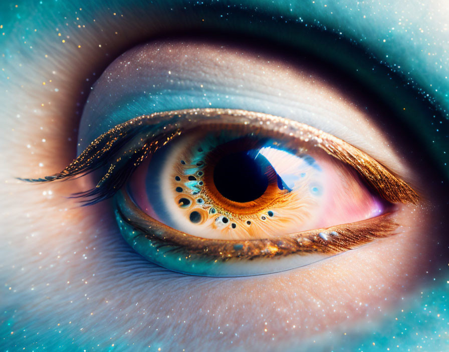 Human eye with universe-themed cosmic edit featuring stars and nebulae.