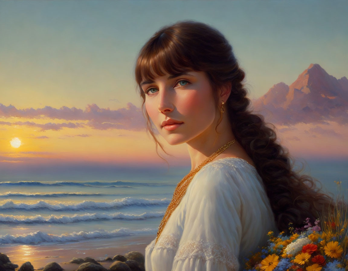 Portrait of woman with long, wavy hair in white dress against sunset beach and mountains