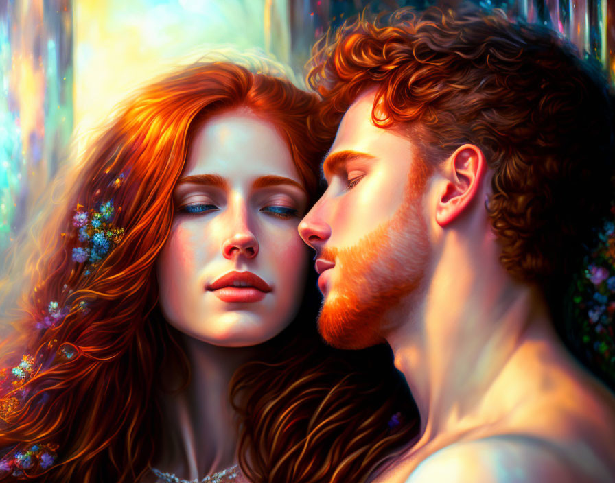 Vibrant digital painting of man and woman in close embrace