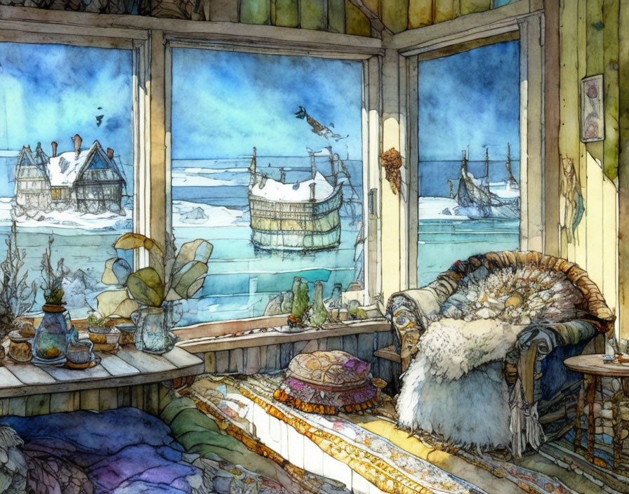 Room with armchair by seaside village view in watercolor