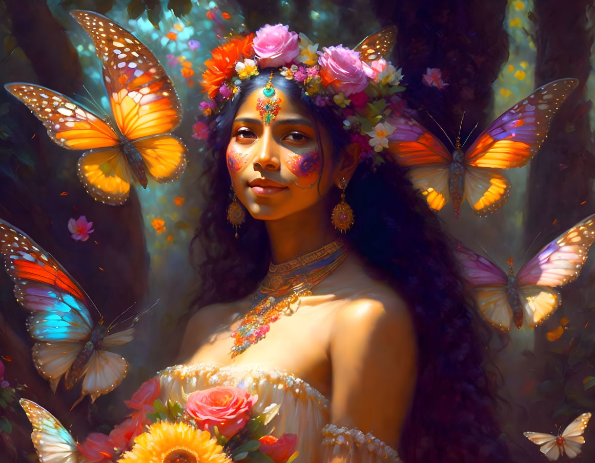 Woman with floral accessories and butterflies in enchanted forest setting