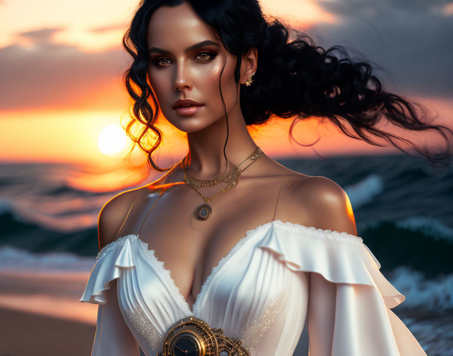 Dark-haired woman in white dress and gold jewelry at beach sunset