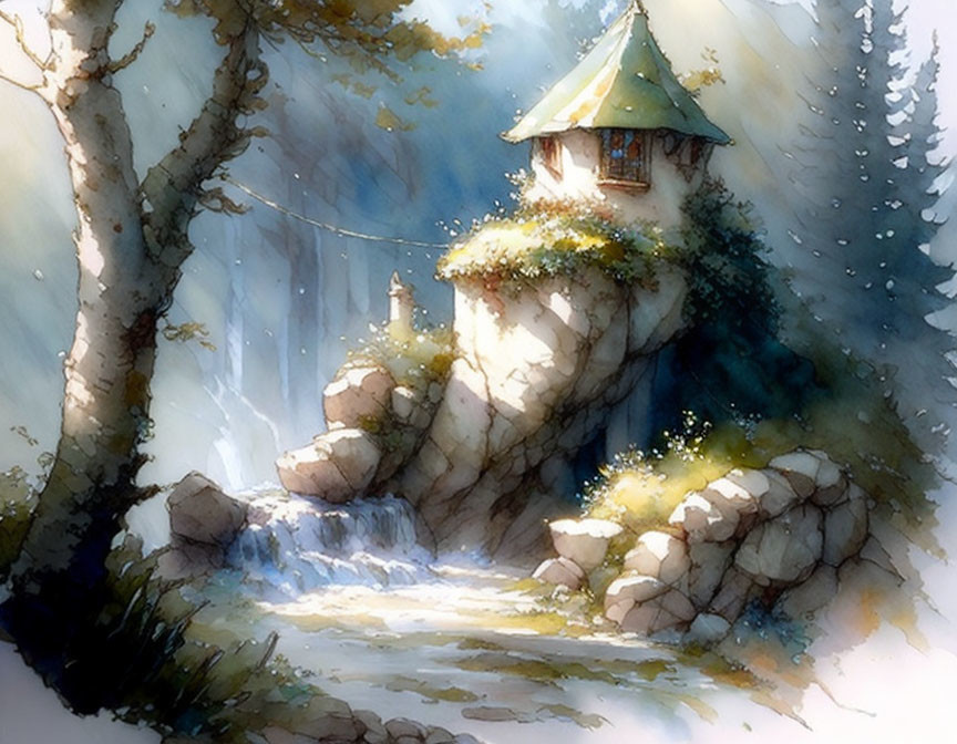 Watercolor illustration of stone turret with green roof near waterfall