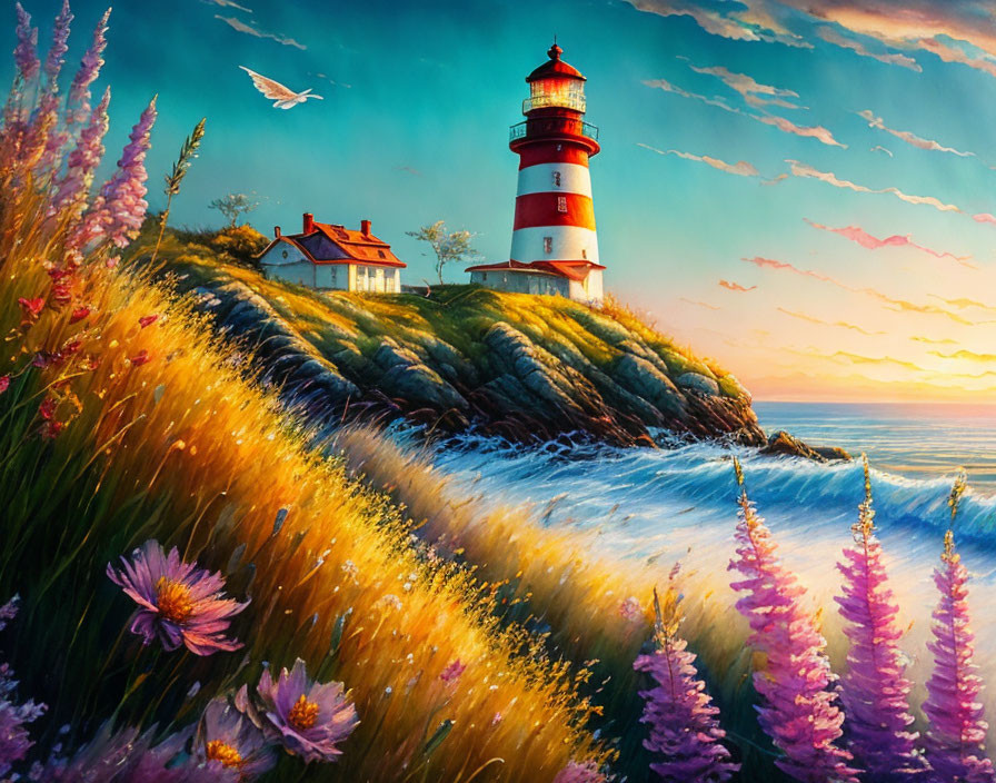 Colorful sunset painting: red and white lighthouse, cliff house, flowers, seagull