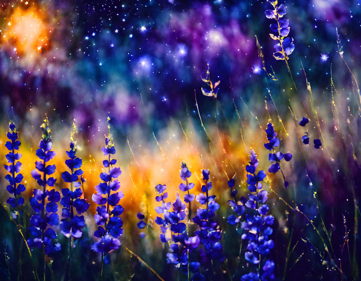 Vibrant Blue Lupine Flowers on Cosmic Bokeh Background