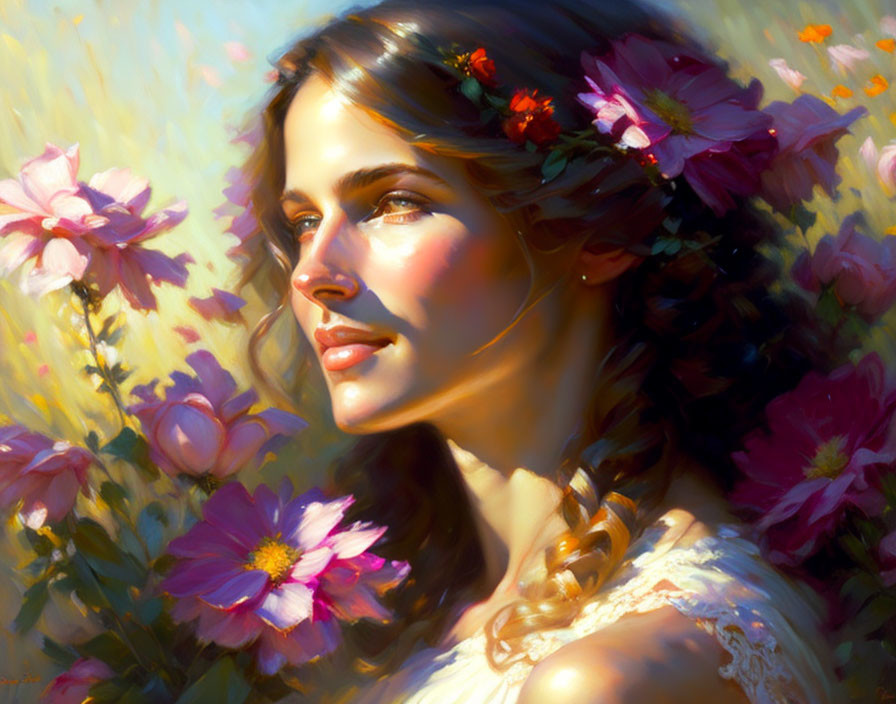 Woman with Flower Crown Surrounded by Pink Blossoms in Warm Light