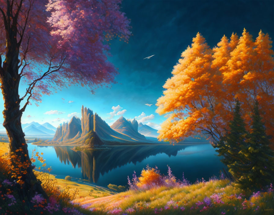 Tranquil autumn landscape with vibrant trees, calm lake, mountains, birds, and colorful flora