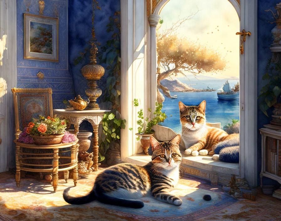 Tranquil room with French doors, cats, seaside view, flowers & plant