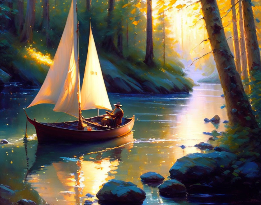 Tranquil river painting with person sailing in sunlit forest