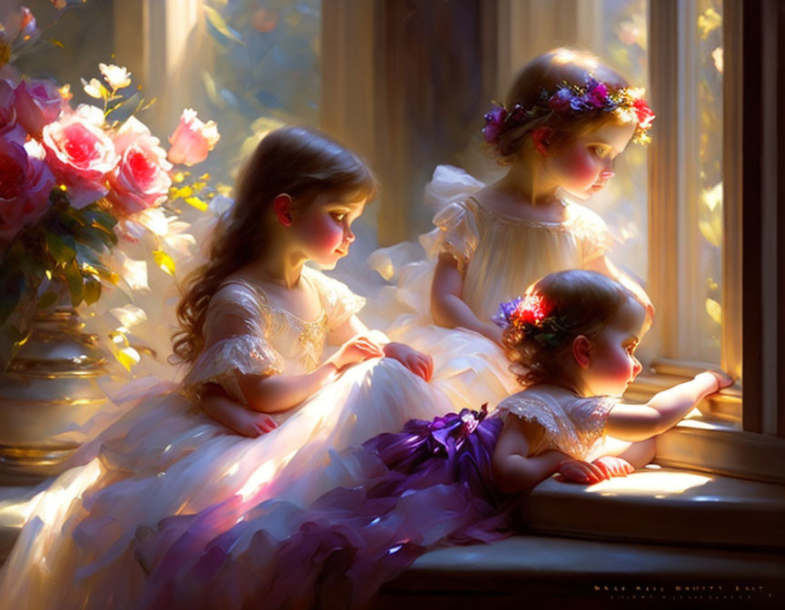 Three Young Girls in Elegant Dresses Sitting by Window with Flowers