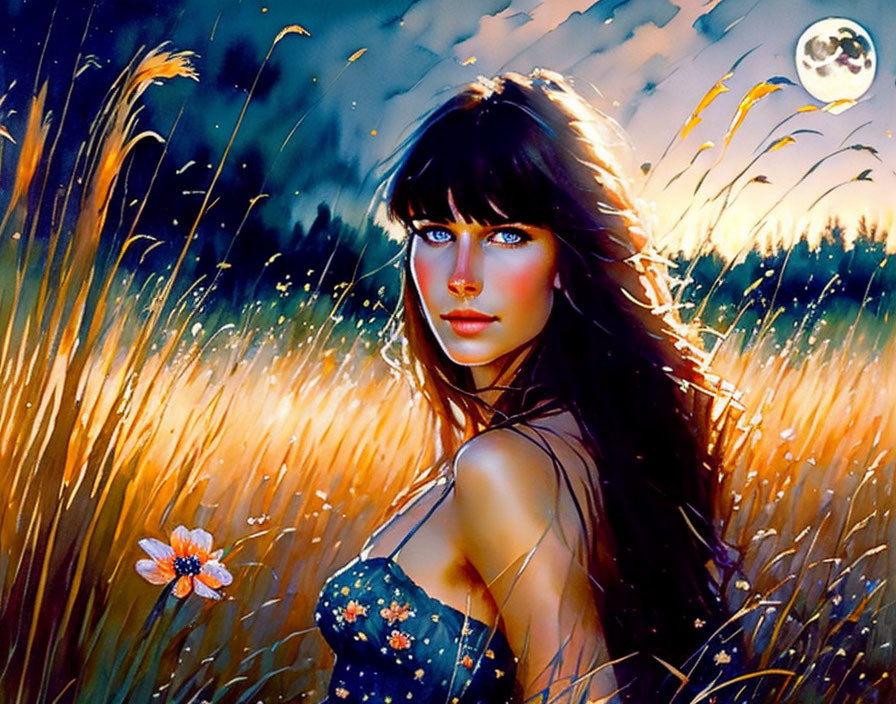 Digital Art: Woman with Blue Eyes in Golden Field at Twilight