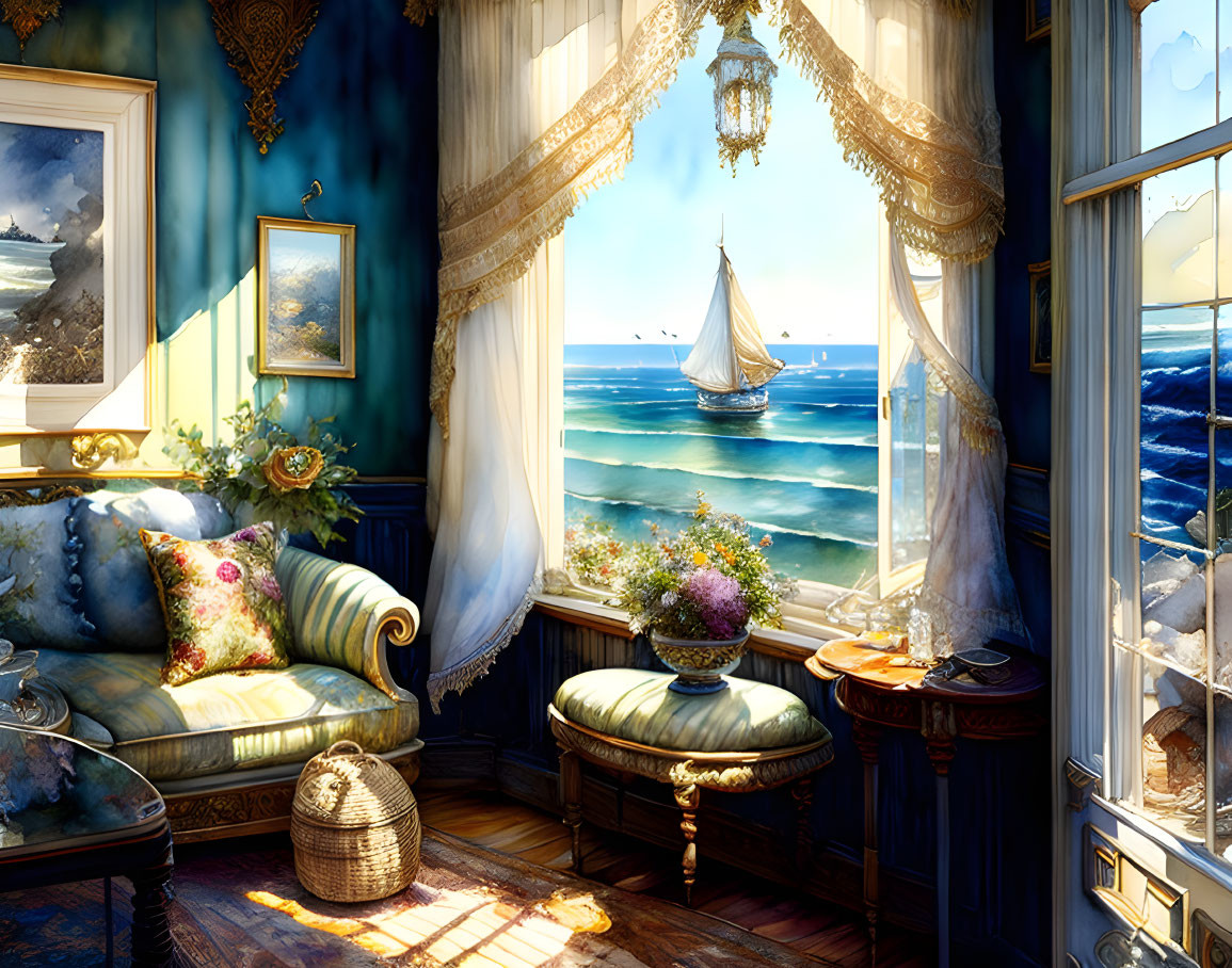 Vintage Room with Ocean View, Elegant Furniture, Paintings, Sheer Curtains, Sunlight